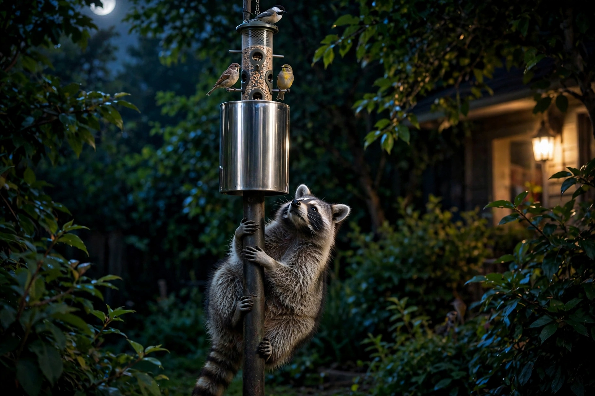 A raccoon clinging to a feeder pole at night, blocked by a metal stovepipe baffle while songbirds feed above