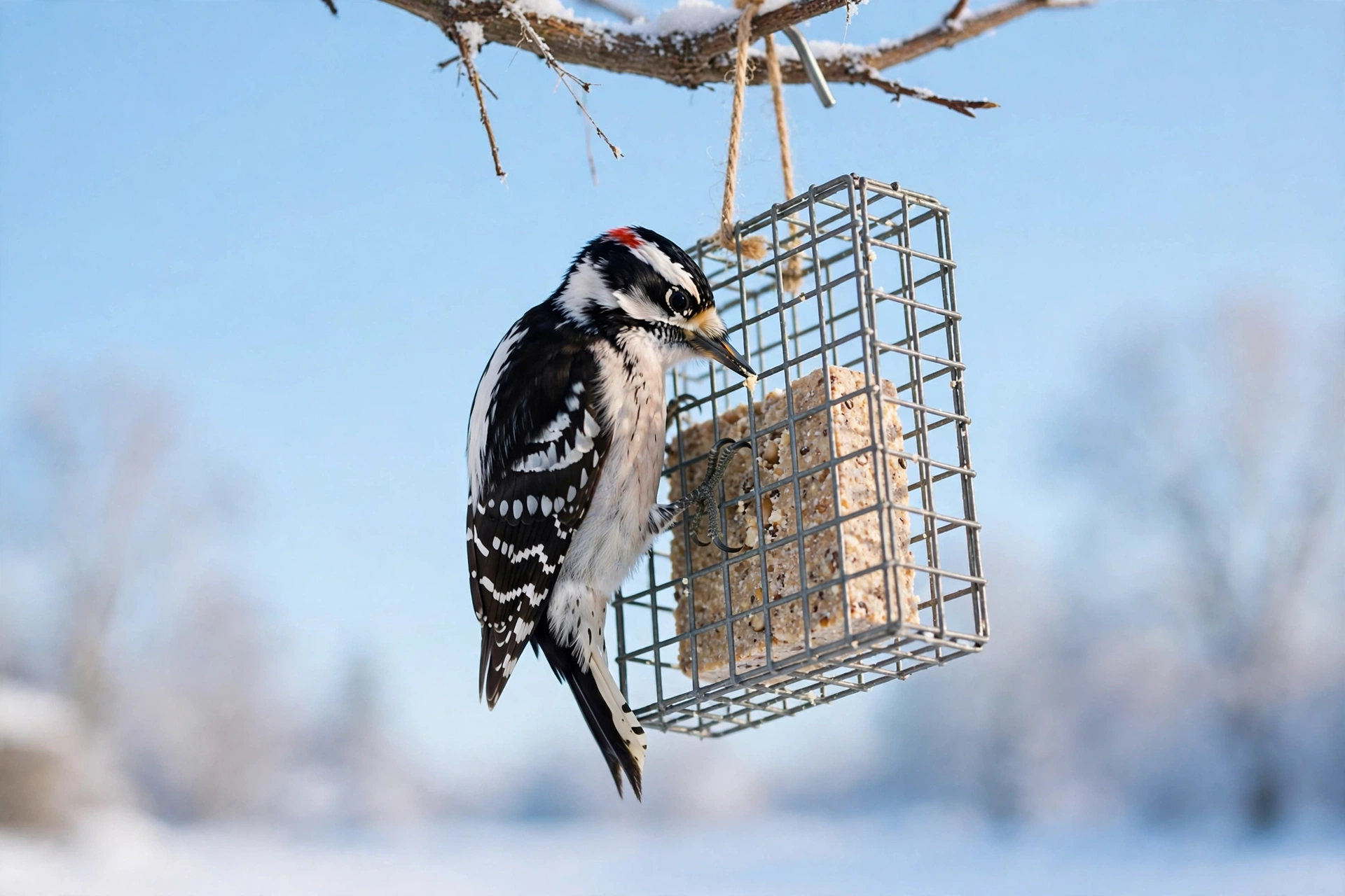 A downy woodpecker clinging to a wire suet cage feeder and eating a suet cake in a snowy backyard