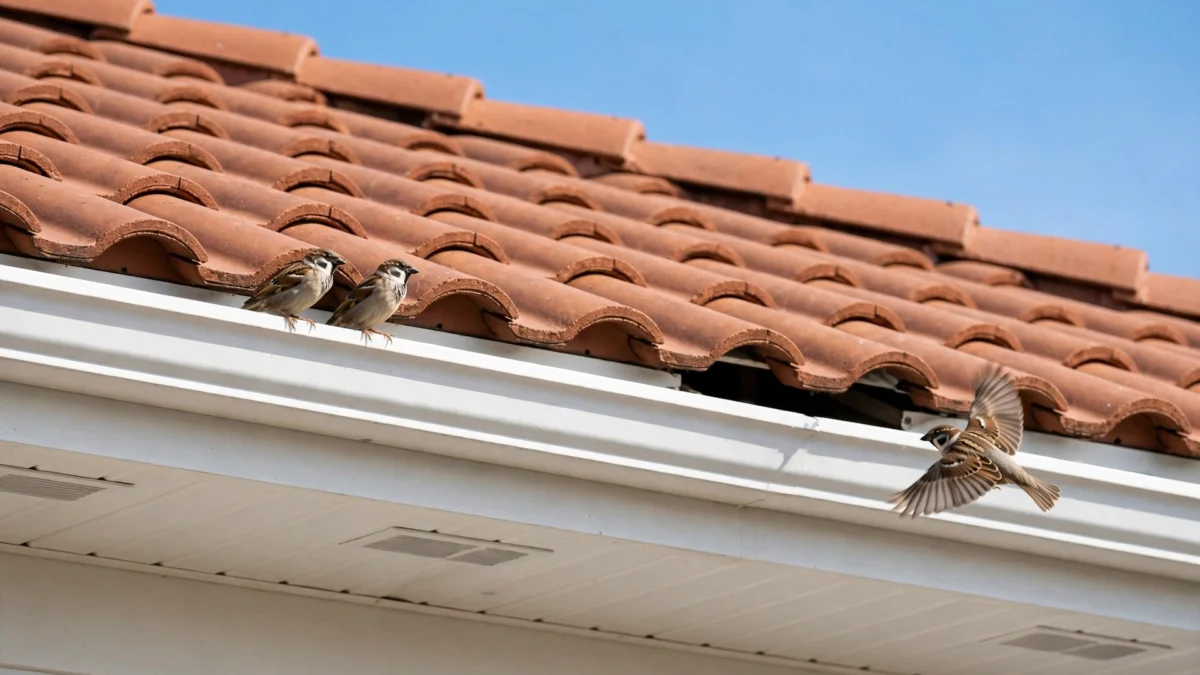 House roof with sparrows near the eaves, showing how to stop birds nesting in roof gaps
