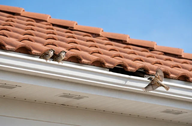 How to Stop Birds Nesting in Your Roof: A Humane Homeowner Guide 17 House roof with sparrows near the eaves, showing how to stop birds nesting in roof gaps