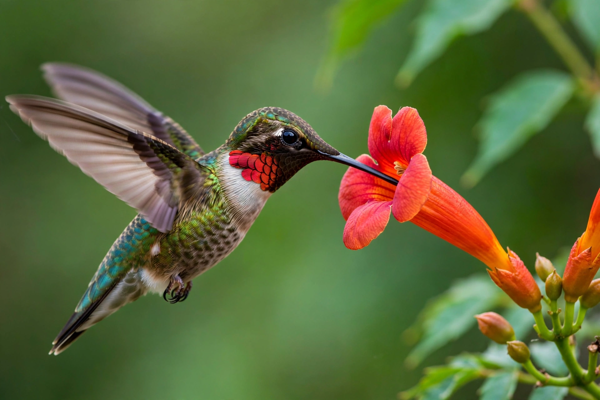 Male ruby-throated hummingbird hovering at a red trumpet creeper flower with wings blurred in motion