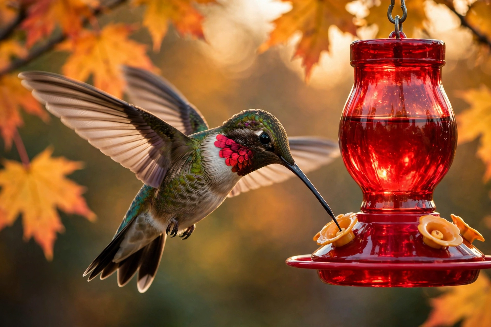 A male ruby-throated hummingbird hovering at a red nectar feeder with golden autumn leaves behind it