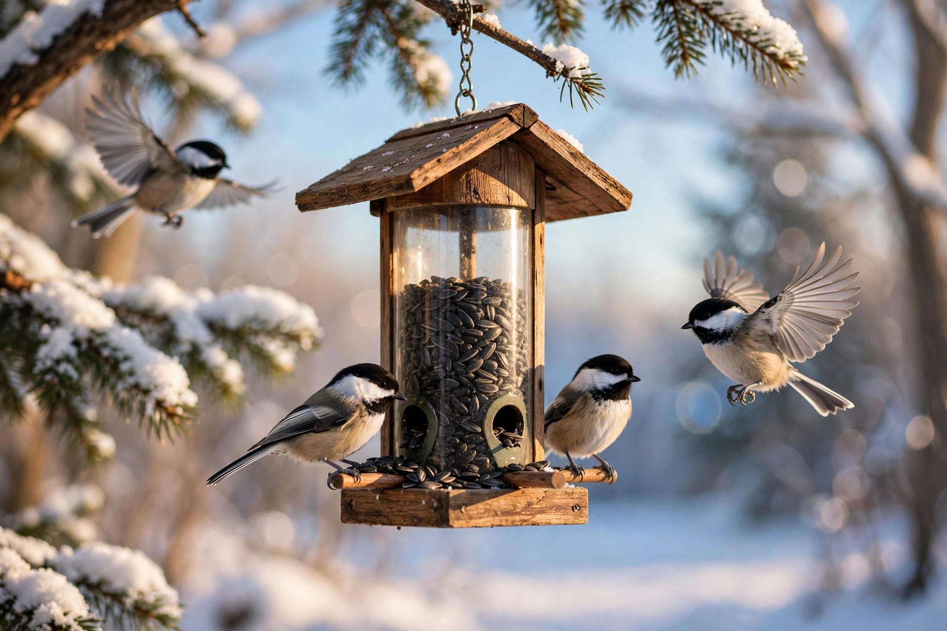Black-capped chickadees perched on a wooden tube feeder in a snowy winter backyard