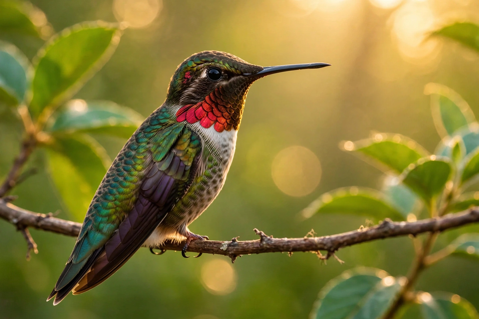 Ruby-throated hummingbird perched on a thin branch in soft morning light