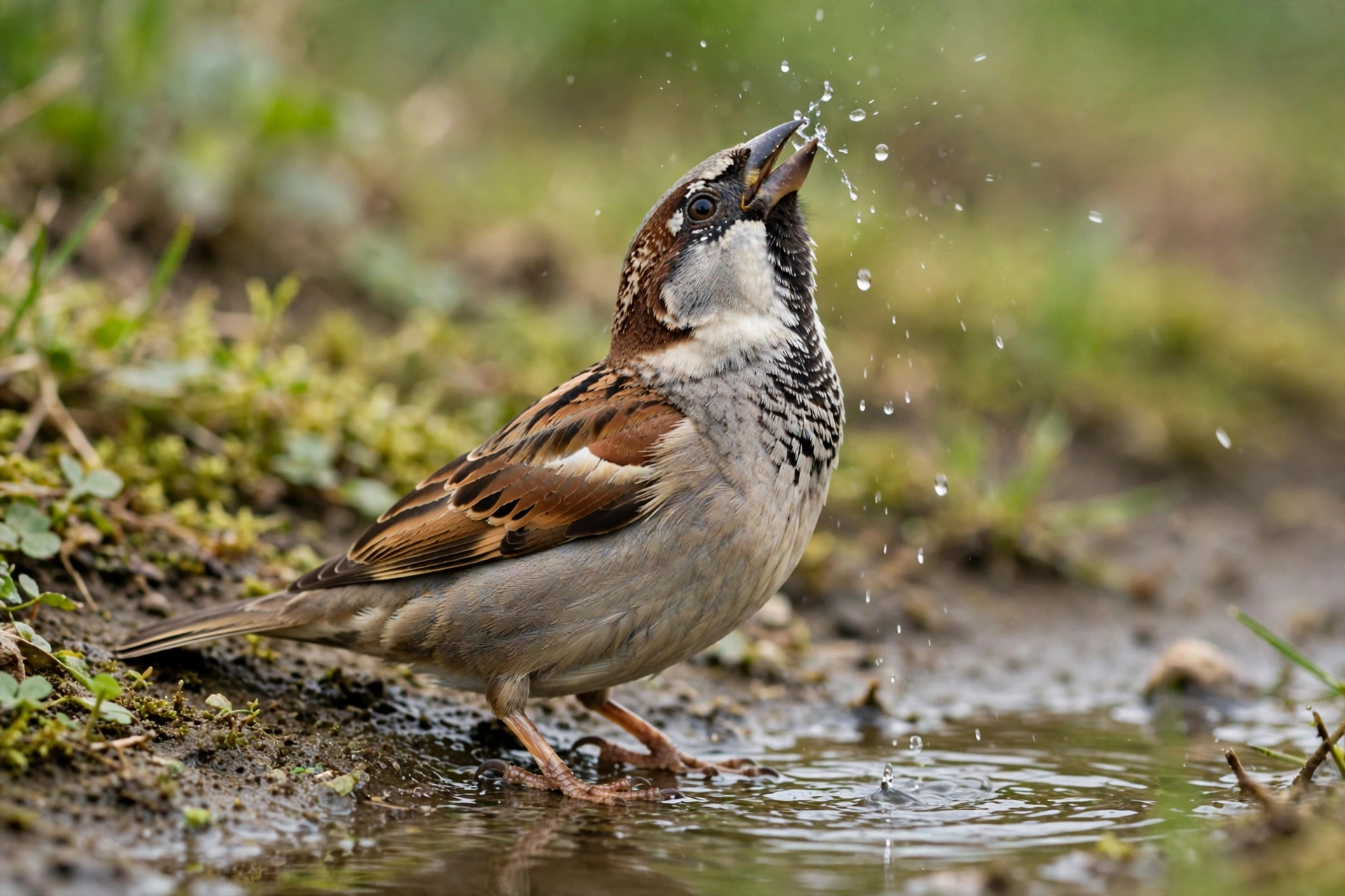 House sparrow drinking water from a shallow puddle with its head tilted back