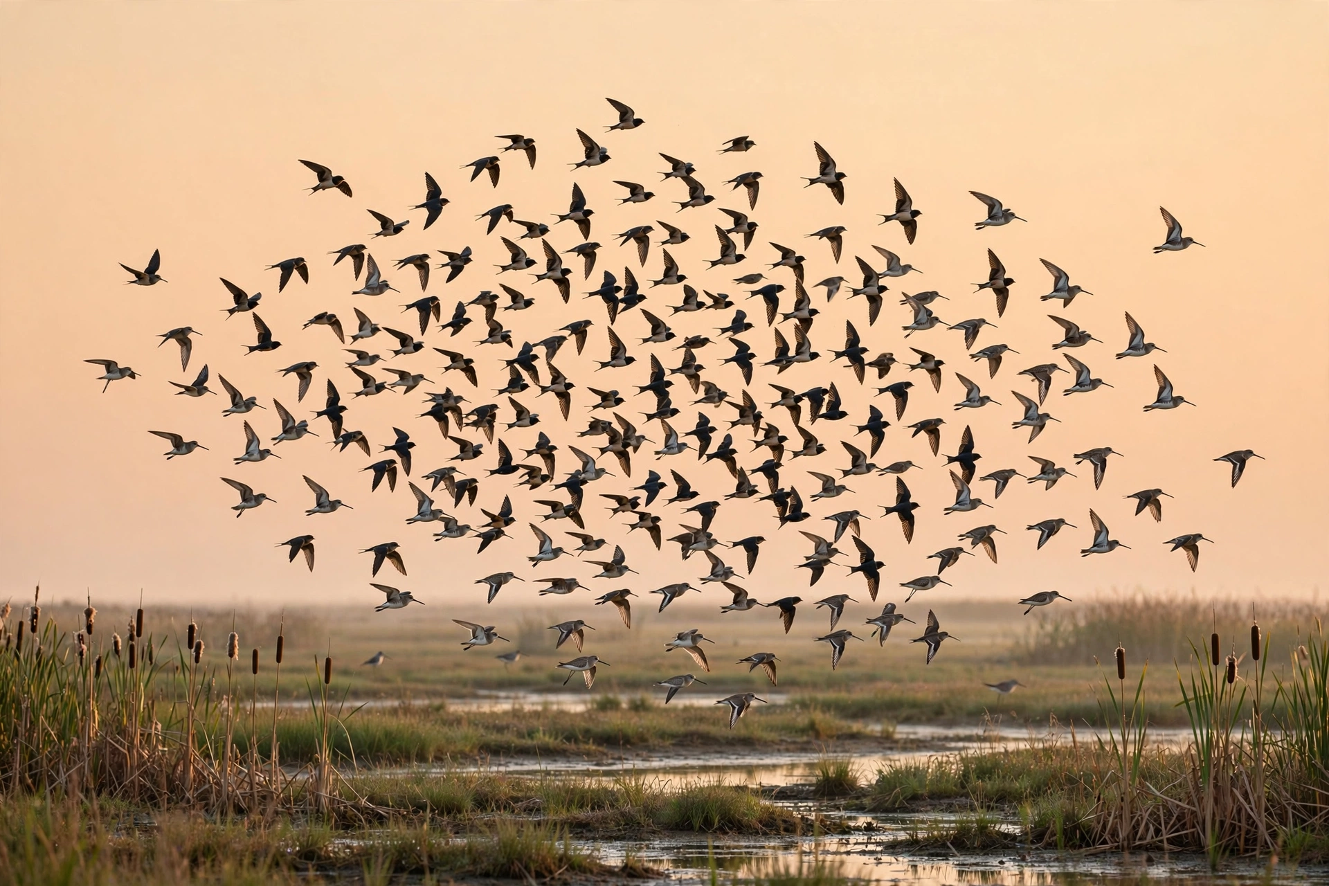 Large flock of migrating shorebirds flying at dawn over a marsh