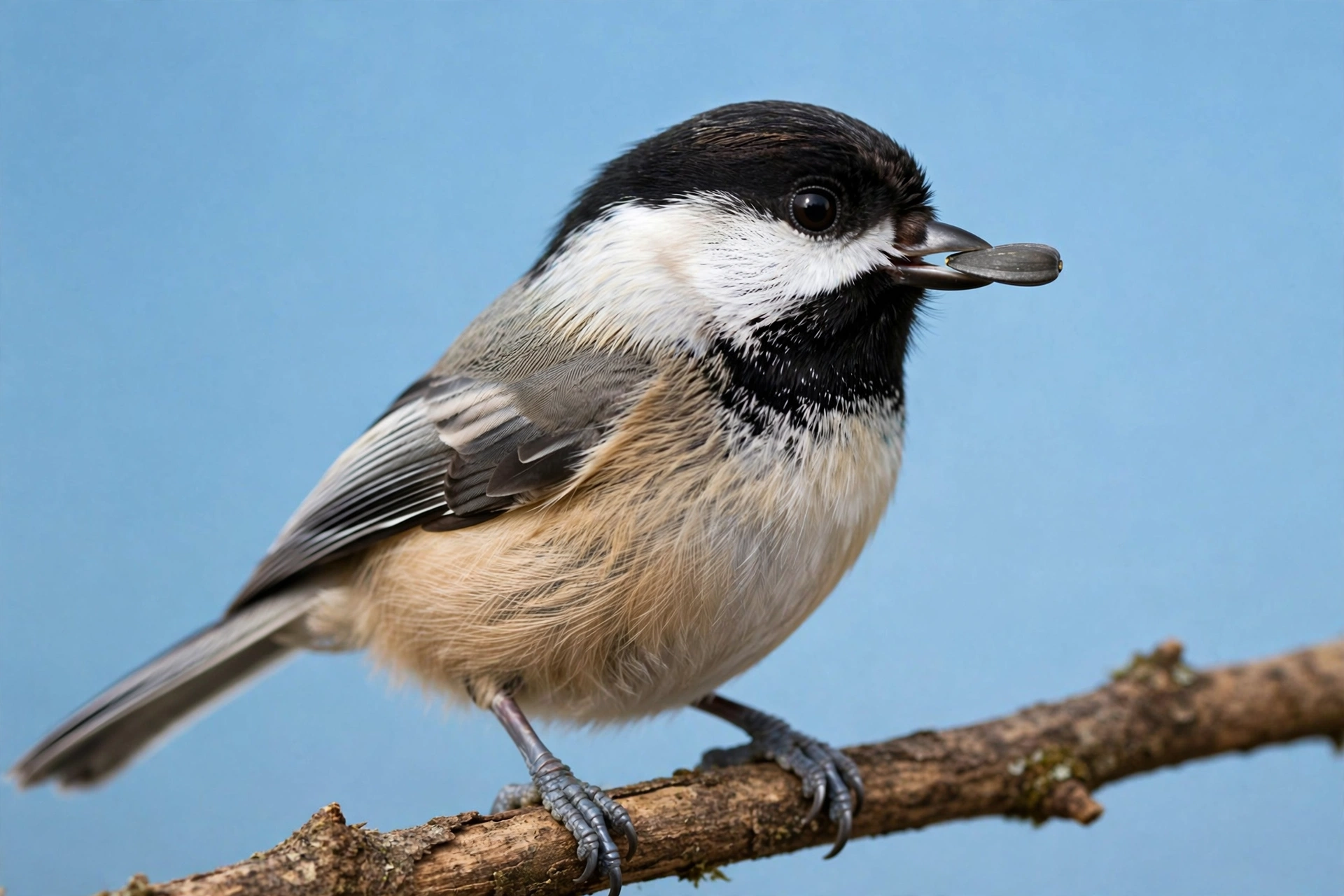 Close-up of a black-capped chickadee perched on a branch holding a sunflower seed in its bill