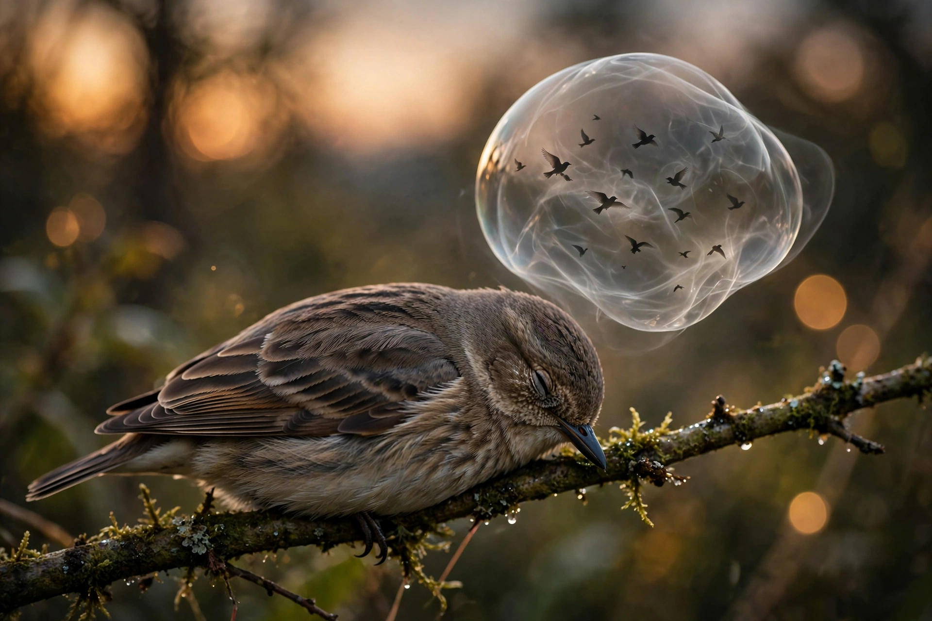 Sleeping songbird at dusk with a dream bubble showing tiny flying silhouettes