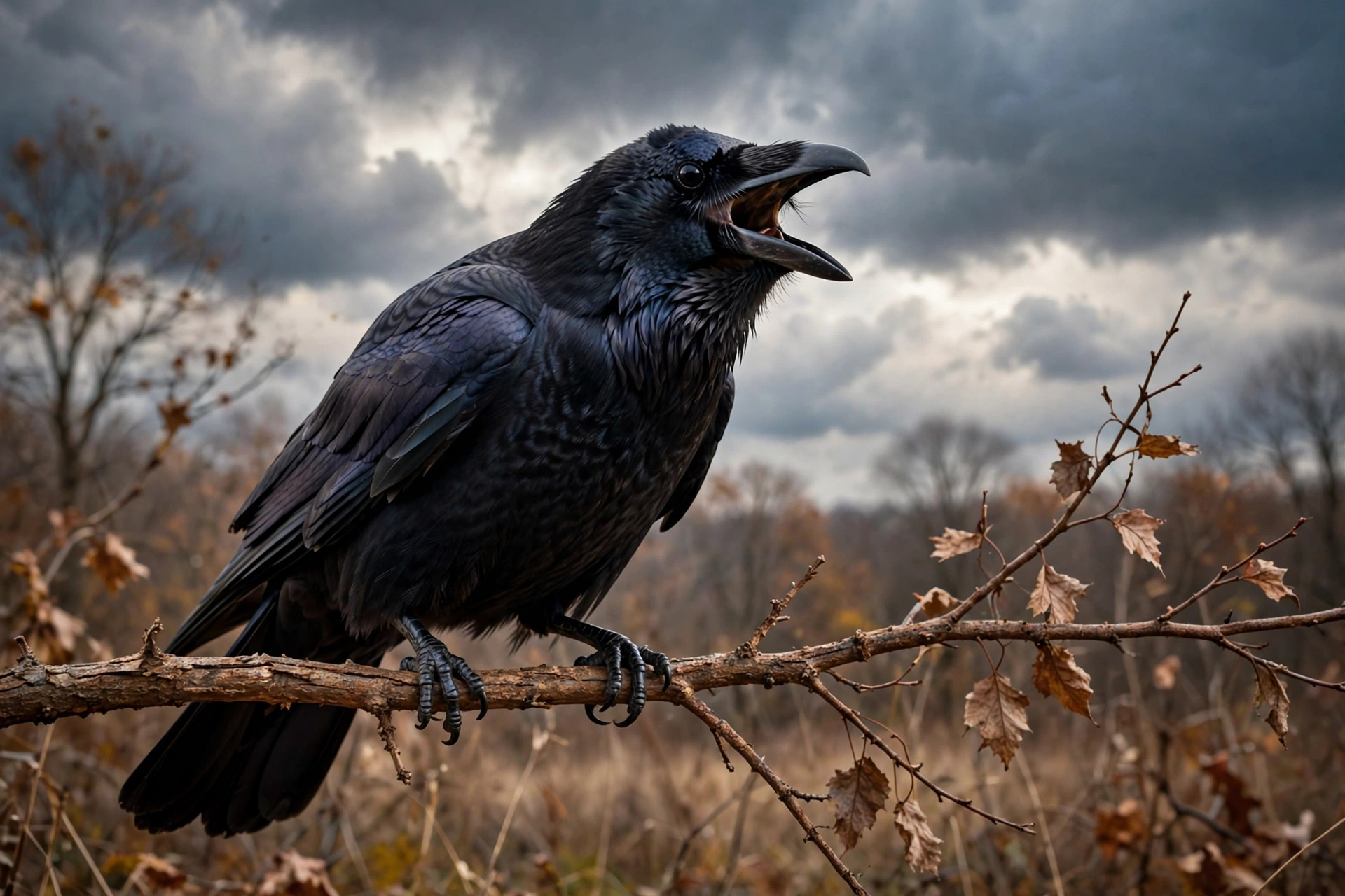American crow mid-caw with beak wide open on a bare autumn branch against a dramatic sky