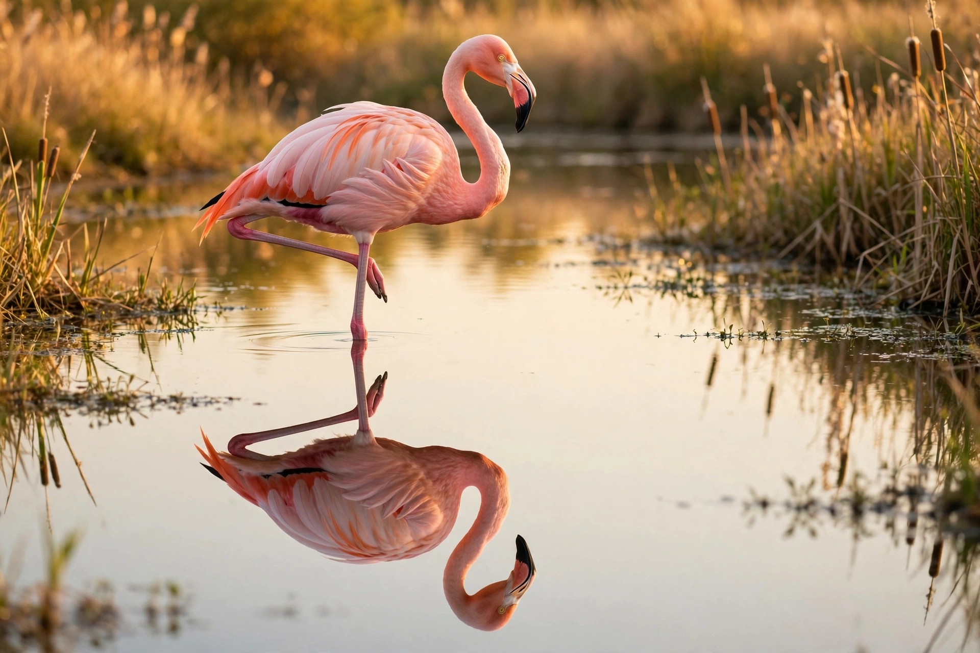 Flamingo standing on one leg at golden hour in shallow water with mirror reflection