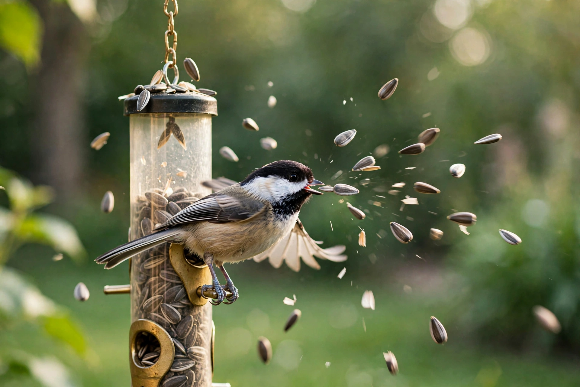 Chickadee mid-toss flinging seeds from a tube feeder with motion-frozen seeds in the air