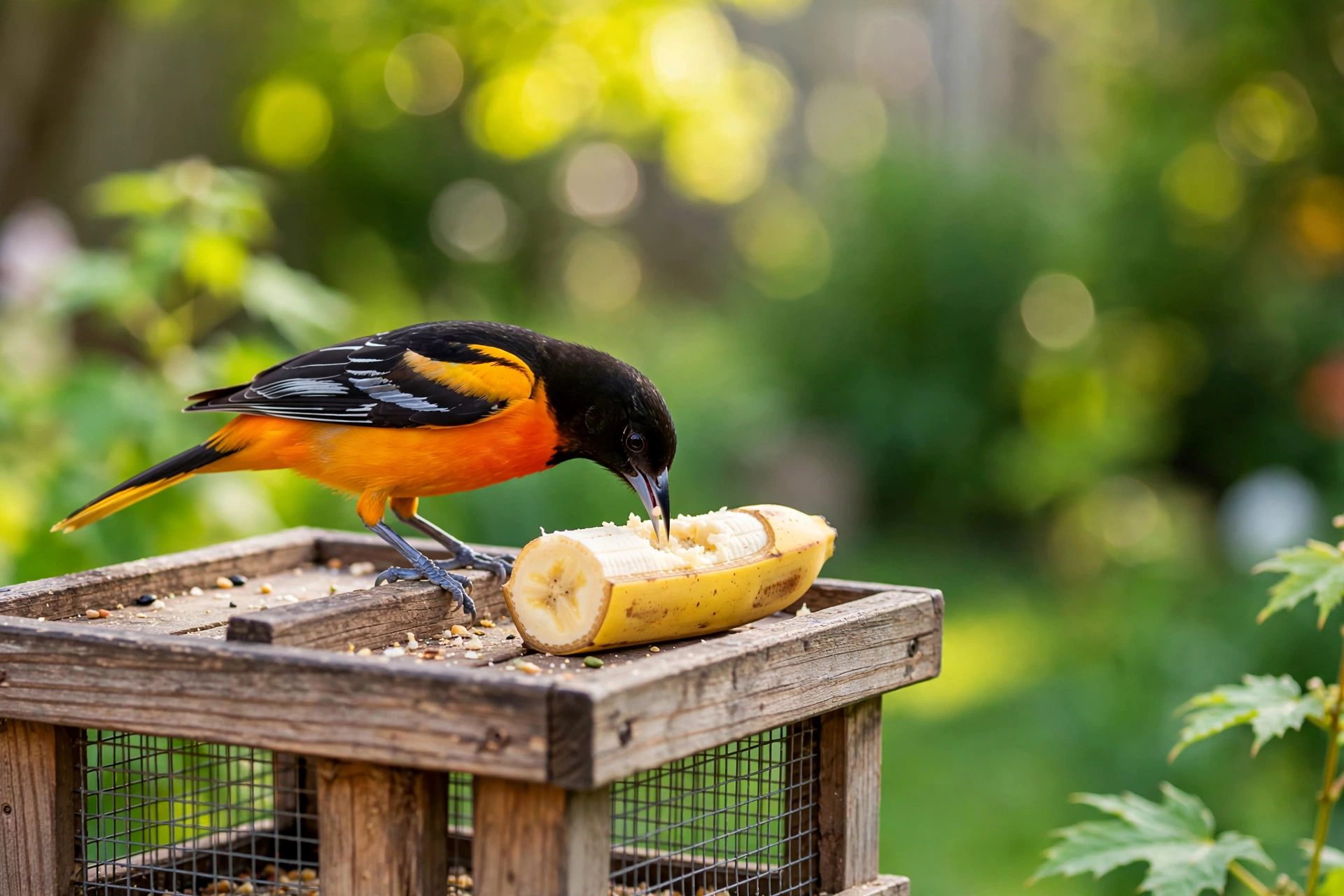 Bright orange and black Baltimore oriole perched at a wooden platform feeder eating a halved banana