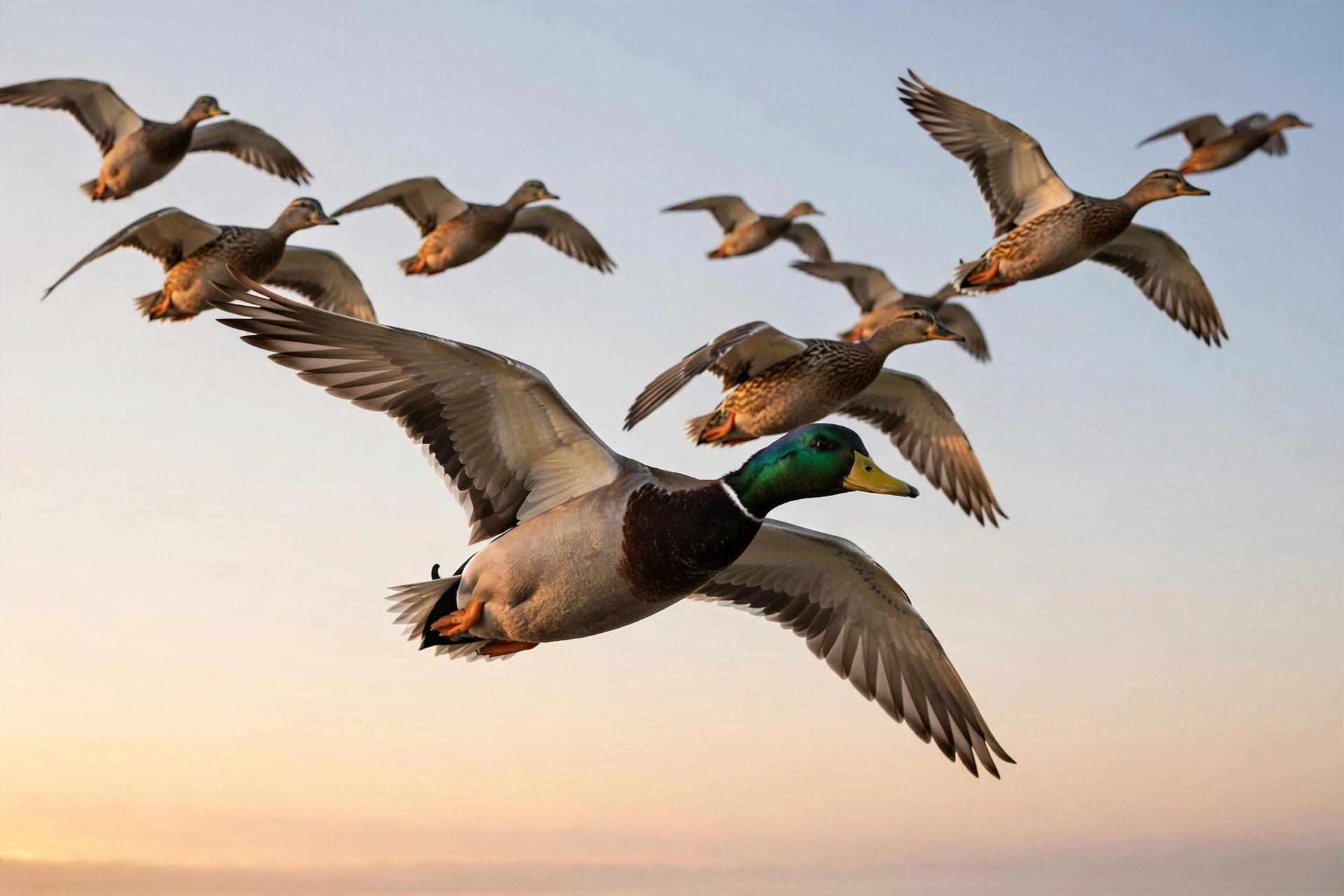 A flock of mallard ducks flying in V-formation against a dawn sky