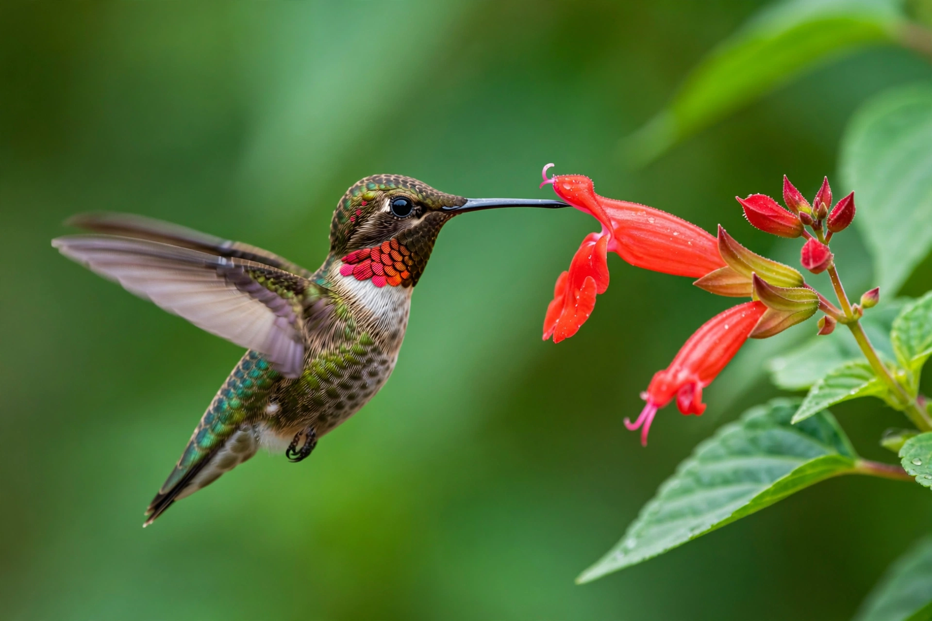 A male bee hummingbird with a scarlet throat hovering beside a red tubular flower