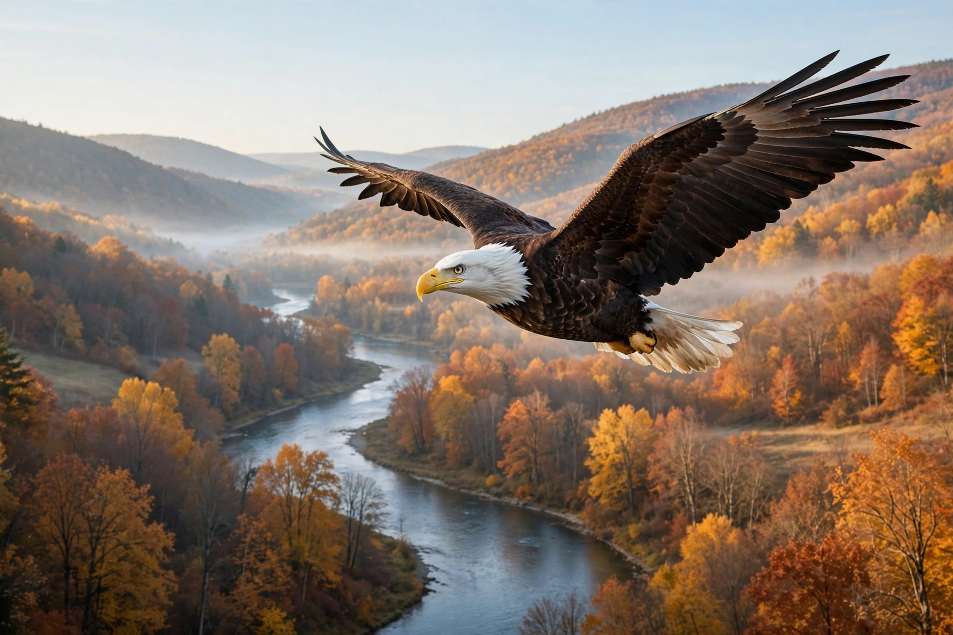 A bald eagle with white head and spread wings flying over an autumn river valley