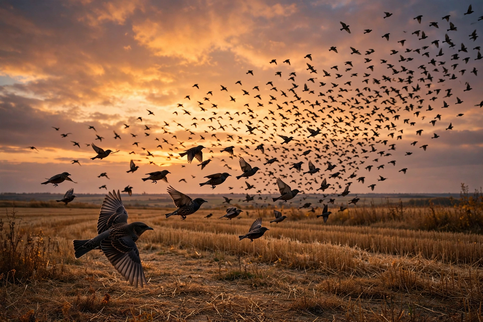 A large mixed flock of small birds flying over a golden autumn field at dusk