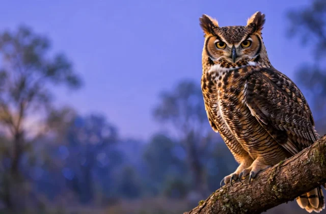 A great horned owl perched on a branch at dusk with its ear tufts raised