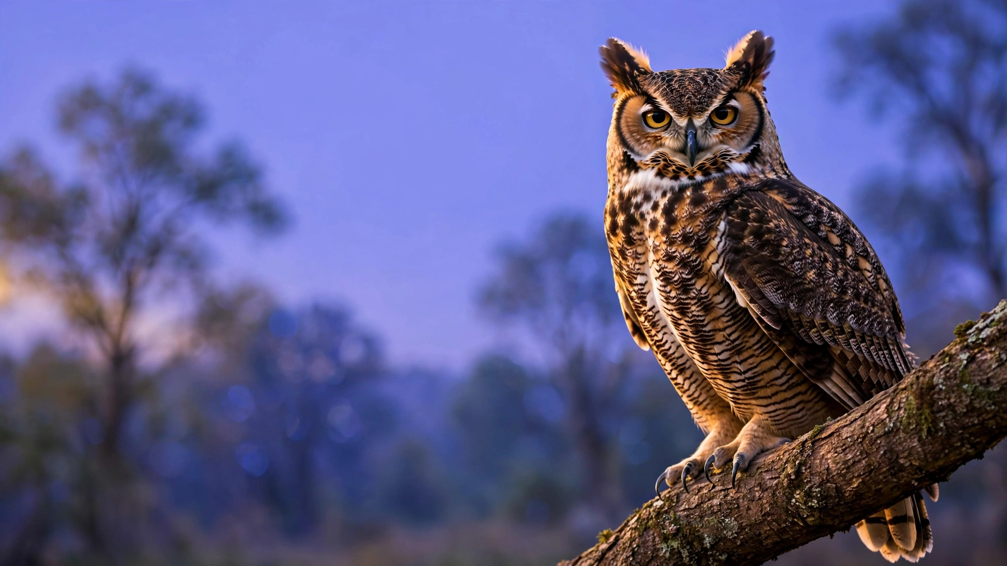 A great horned owl perched on a branch at dusk with its ear tufts raised