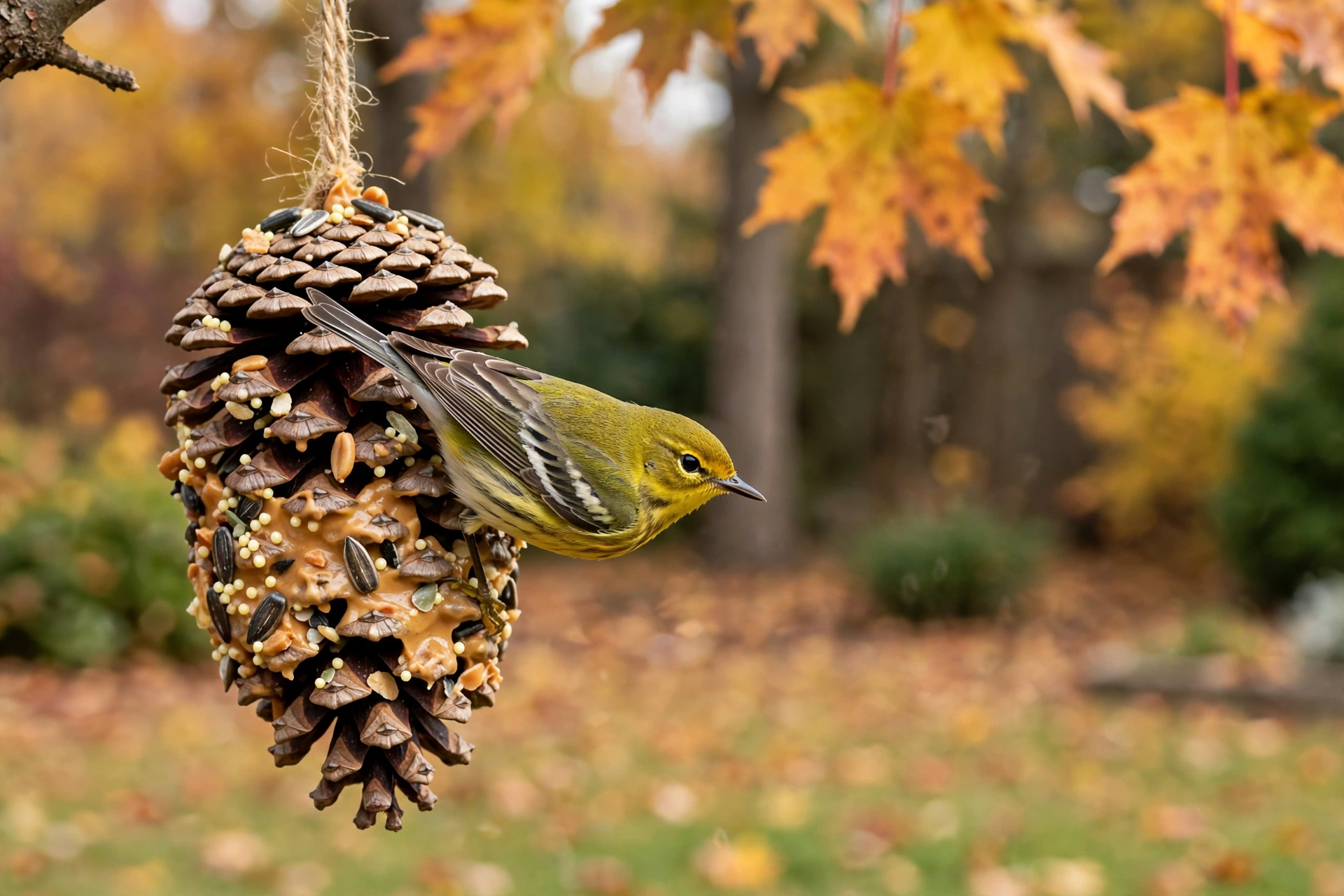 Pine warbler perched at a pine cone feeder coated with peanut butter and birdseed in an autumn backyard