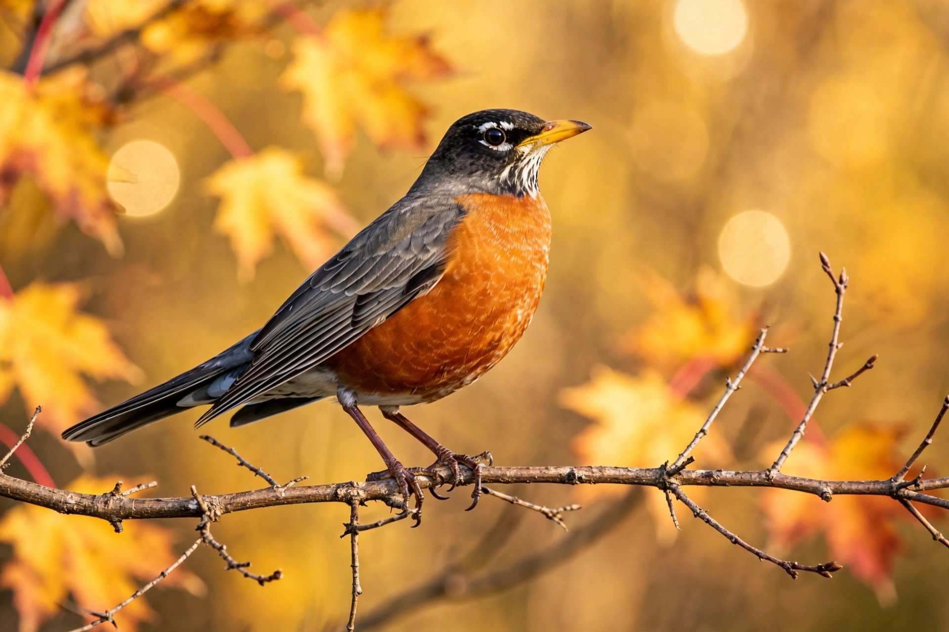 American robin with red breast perched on a branch against golden autumn foliage