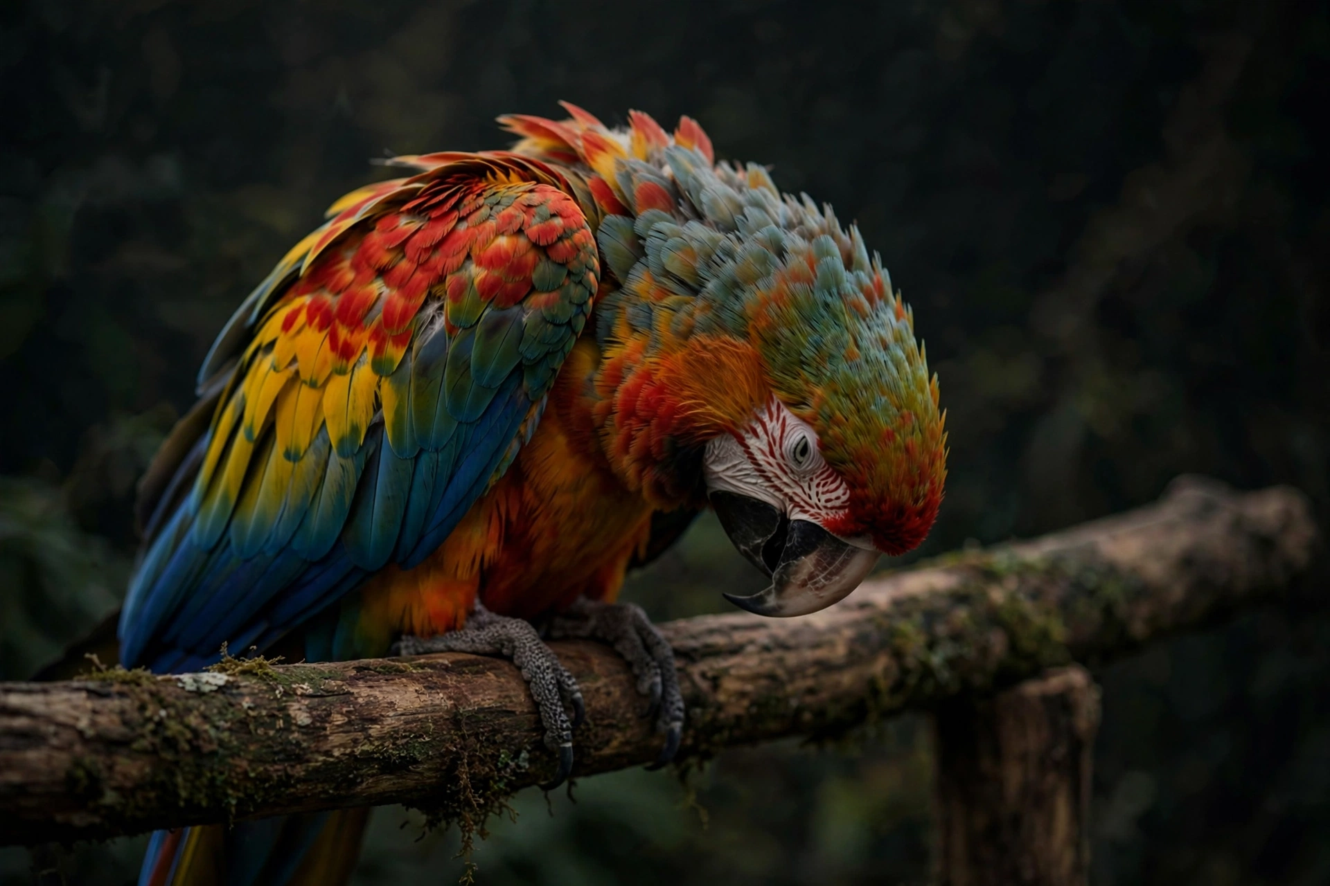 Can Birds Cry? The Truth About Bird Tears and Emotions 3 Parrot with drooped posture on a perch in muted emotional lighting