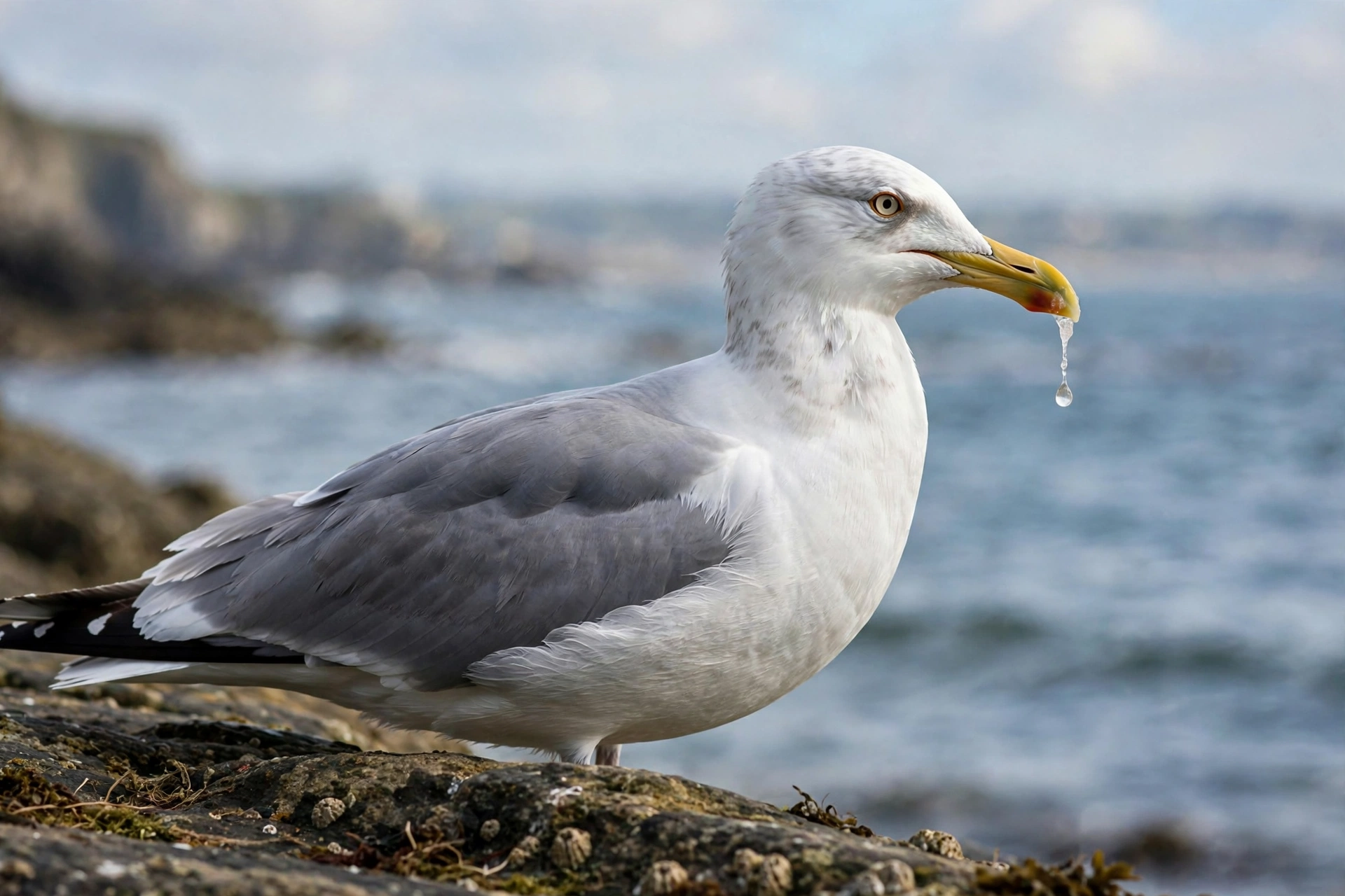 Can Birds Cry? The Truth About Bird Tears and Emotions 4 Gull with visible salt droplet at the bill tip, coastal background