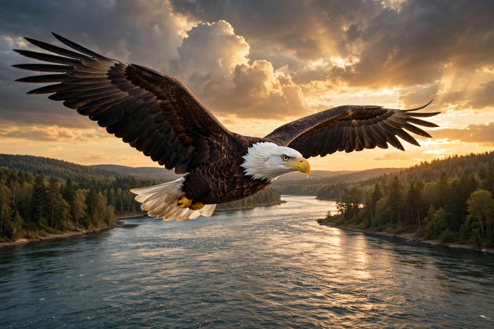 Majestic bald eagle in flight over a river at golden hour