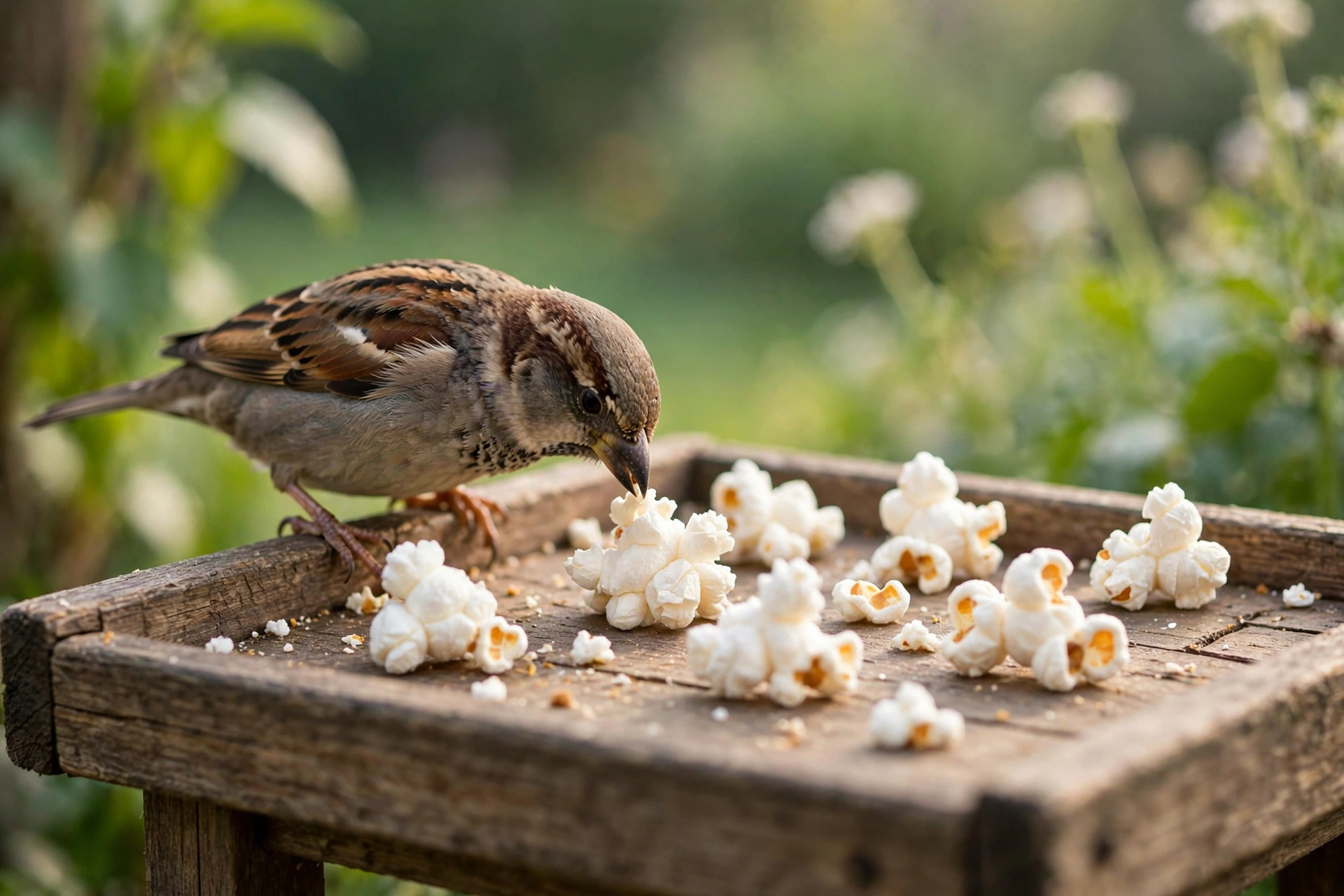 Sparrow pecking at plain air-popped popcorn pieces on a wooden bird feeder