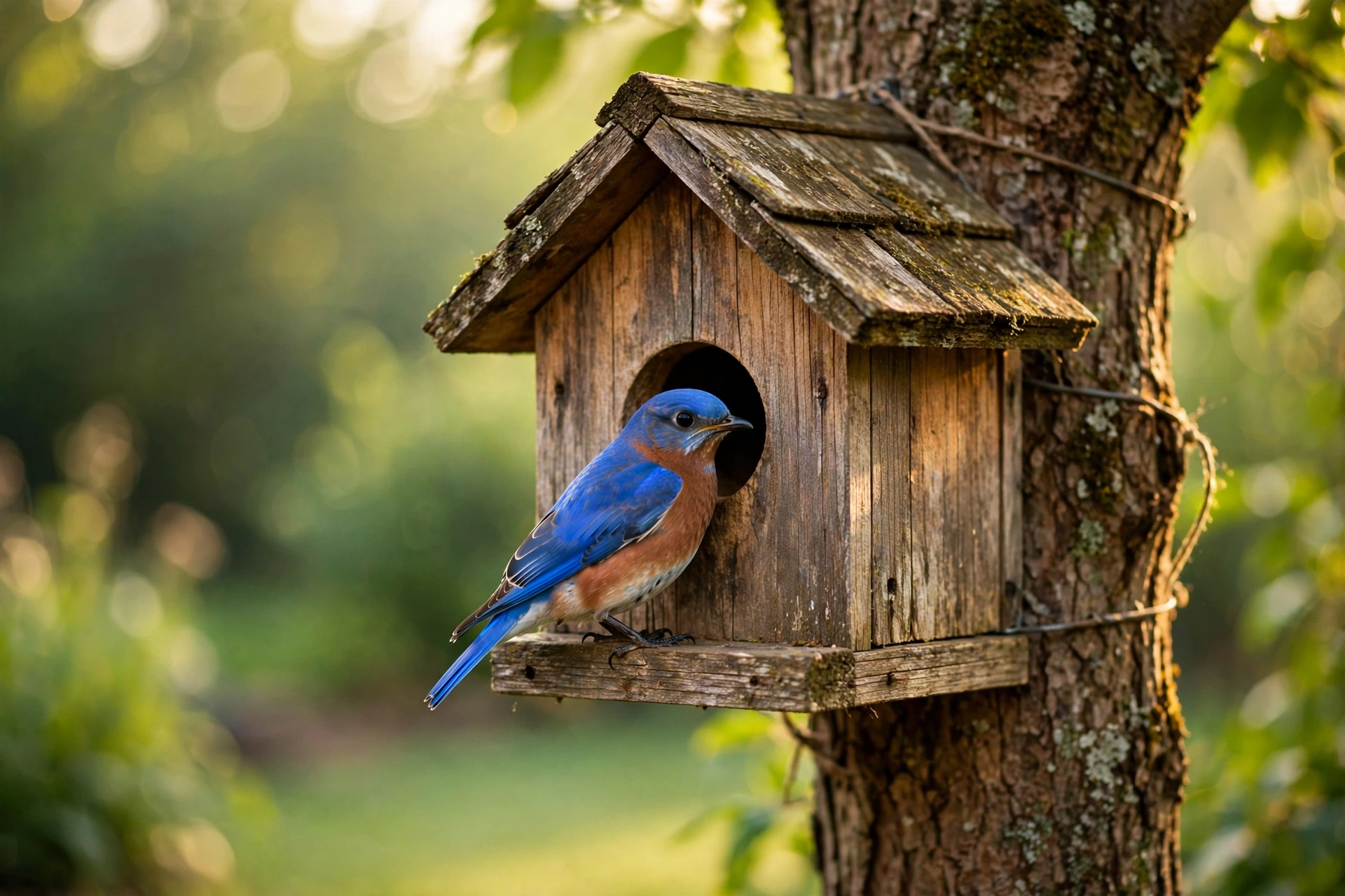 Eastern bluebird at the entrance of a wooden birdhouse, illustrating this birdhouse hole size chart guide