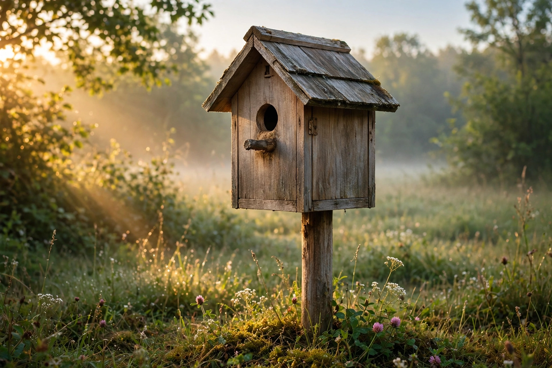 Wooden birdhouse mounted on a pole facing east in warm morning light