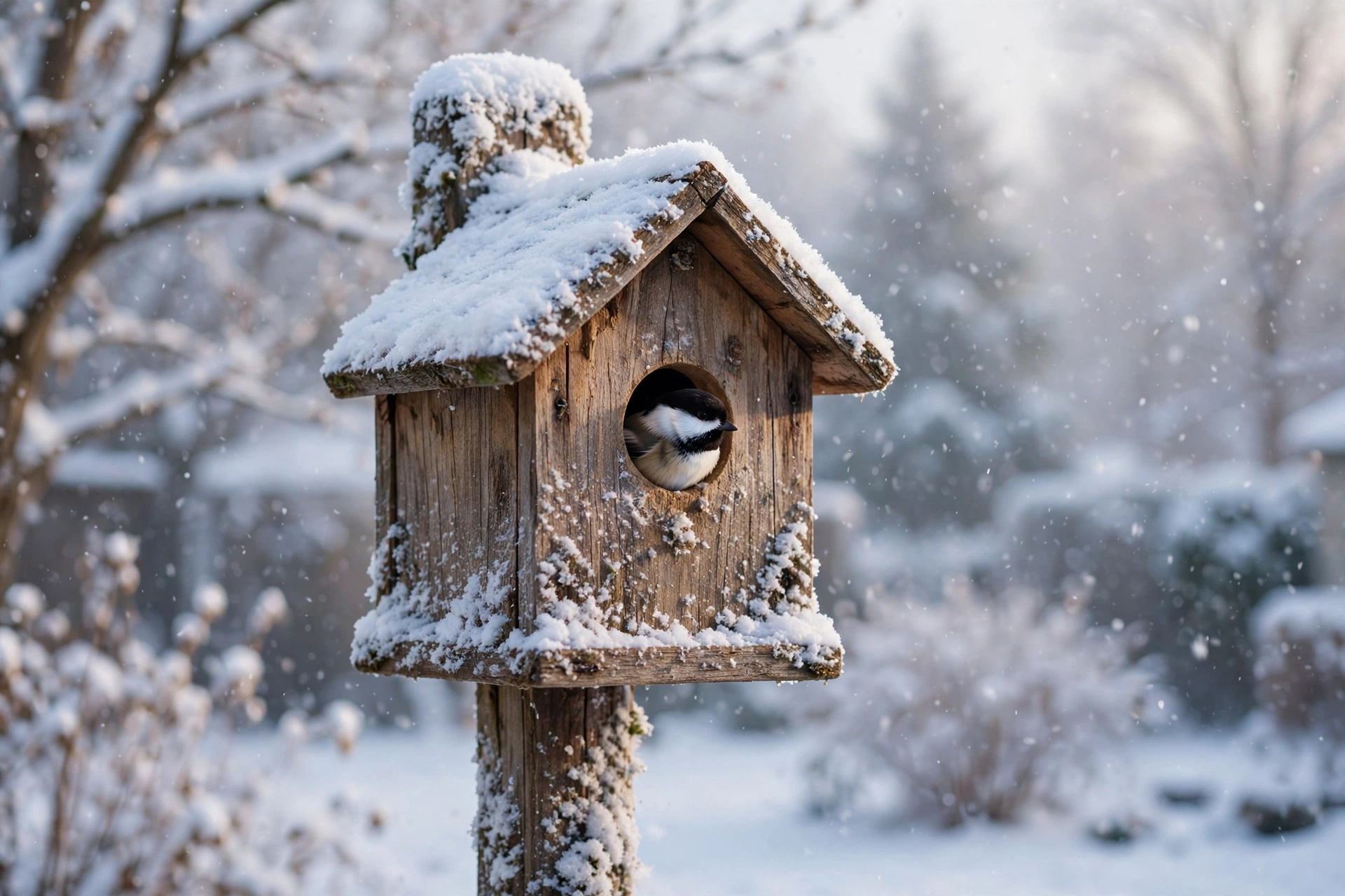 Snow-covered birdhouse in winter with a chickadee at the entrance hole, showing how birds use birdhouses in winter for roosting