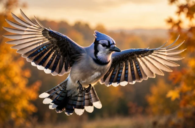 Blue jay in flight with wings spread wide against a golden autumn sky