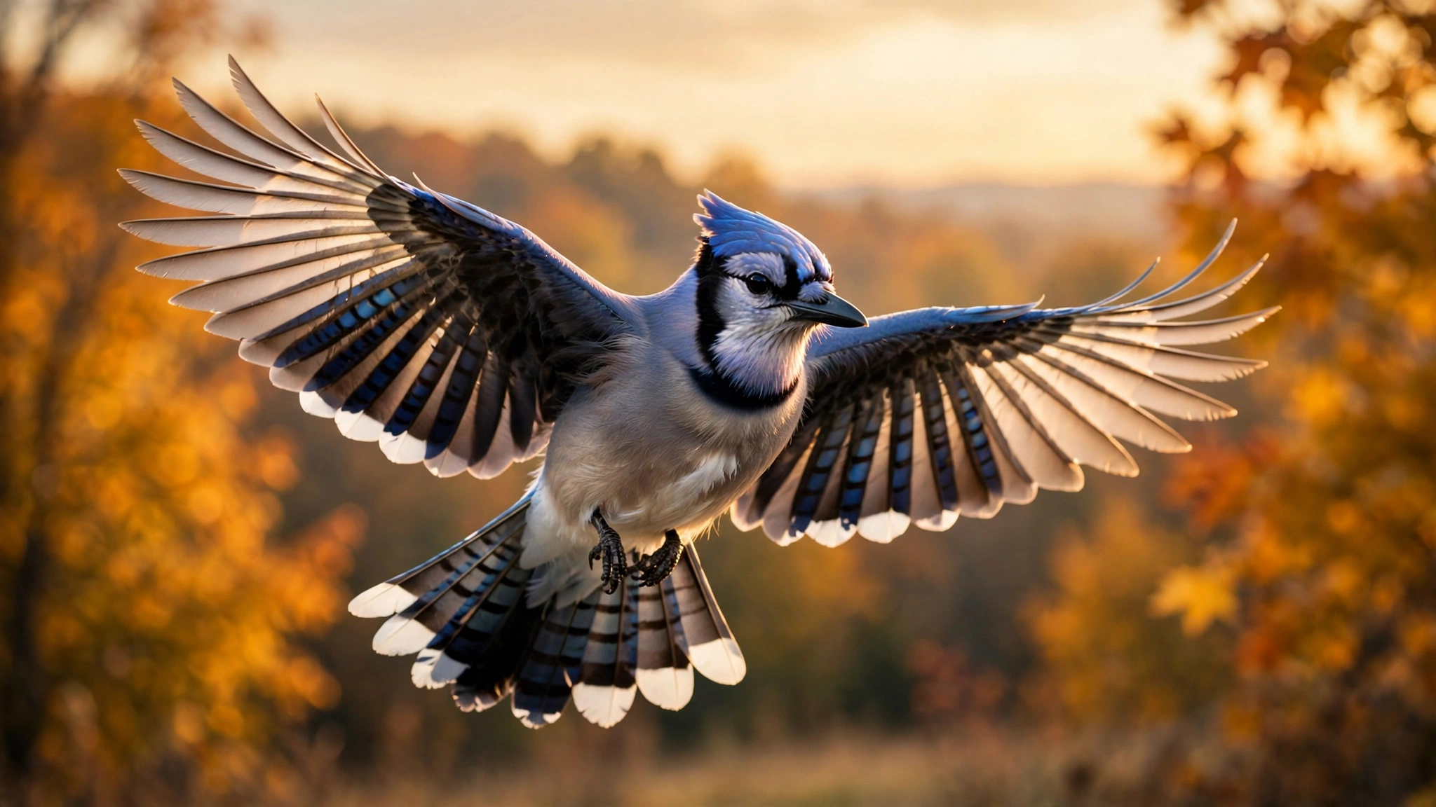 Blue jay in flight with wings spread wide against a golden autumn sky