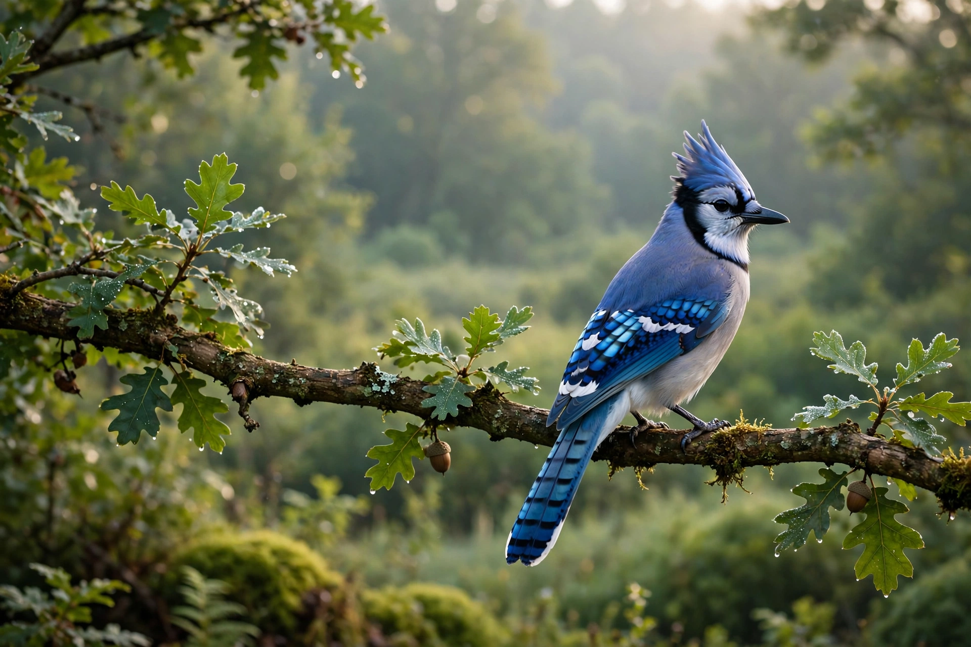 Blue jay perched on a branch showing its blue crest and barred wings