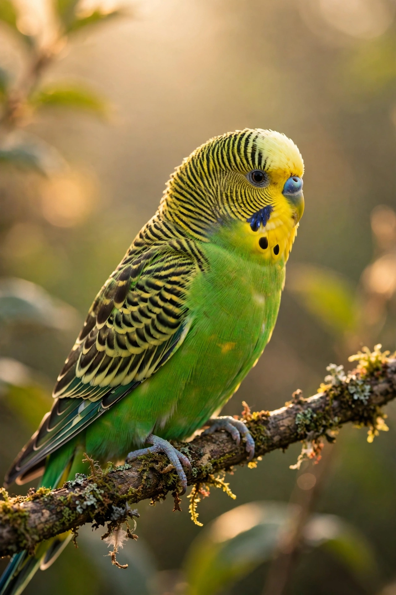 Wild-type green and yellow budgerigar perched on a branch in soft morning light