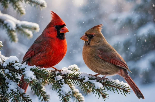 Landscape-oriented photograph showing cardinal pair snow, with grey and black tones.