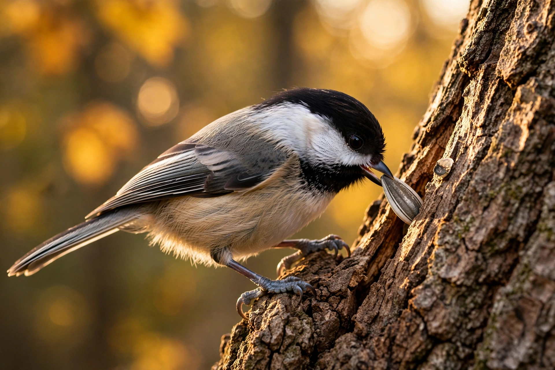 A black-capped chickadee wedging a sunflower seed into tree bark as a winter cache