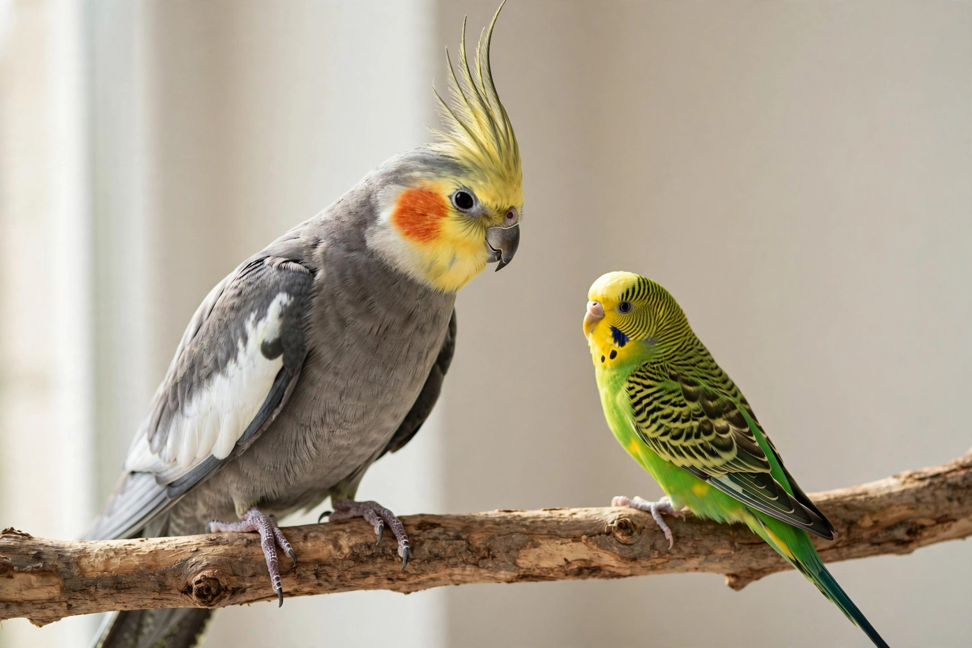Grey cockatiel and green budgie side by side on a perch showing the size difference