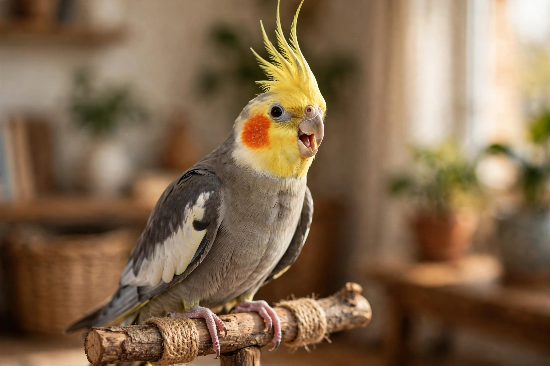Cockatiel with crest raised and beak open, appearing to vocalize