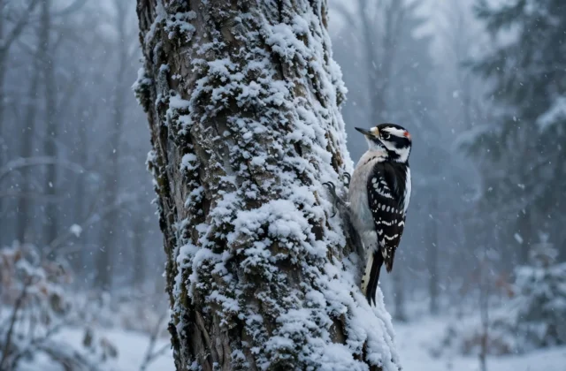 Downy woodpecker clinging to a snowy tree trunk, and do woodpeckers migrate? Most stay all winter