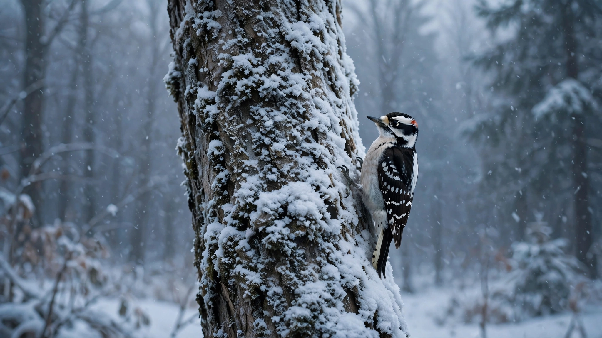 Downy woodpecker clinging to a snowy tree trunk, and do woodpeckers migrate? Most stay all winter