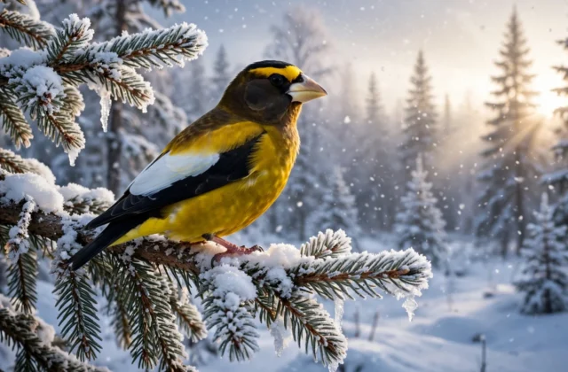 Male Evening Grosbeak with golden-yellow body, black head and yellow eyebrow stripe perched on a snowy spruce branch