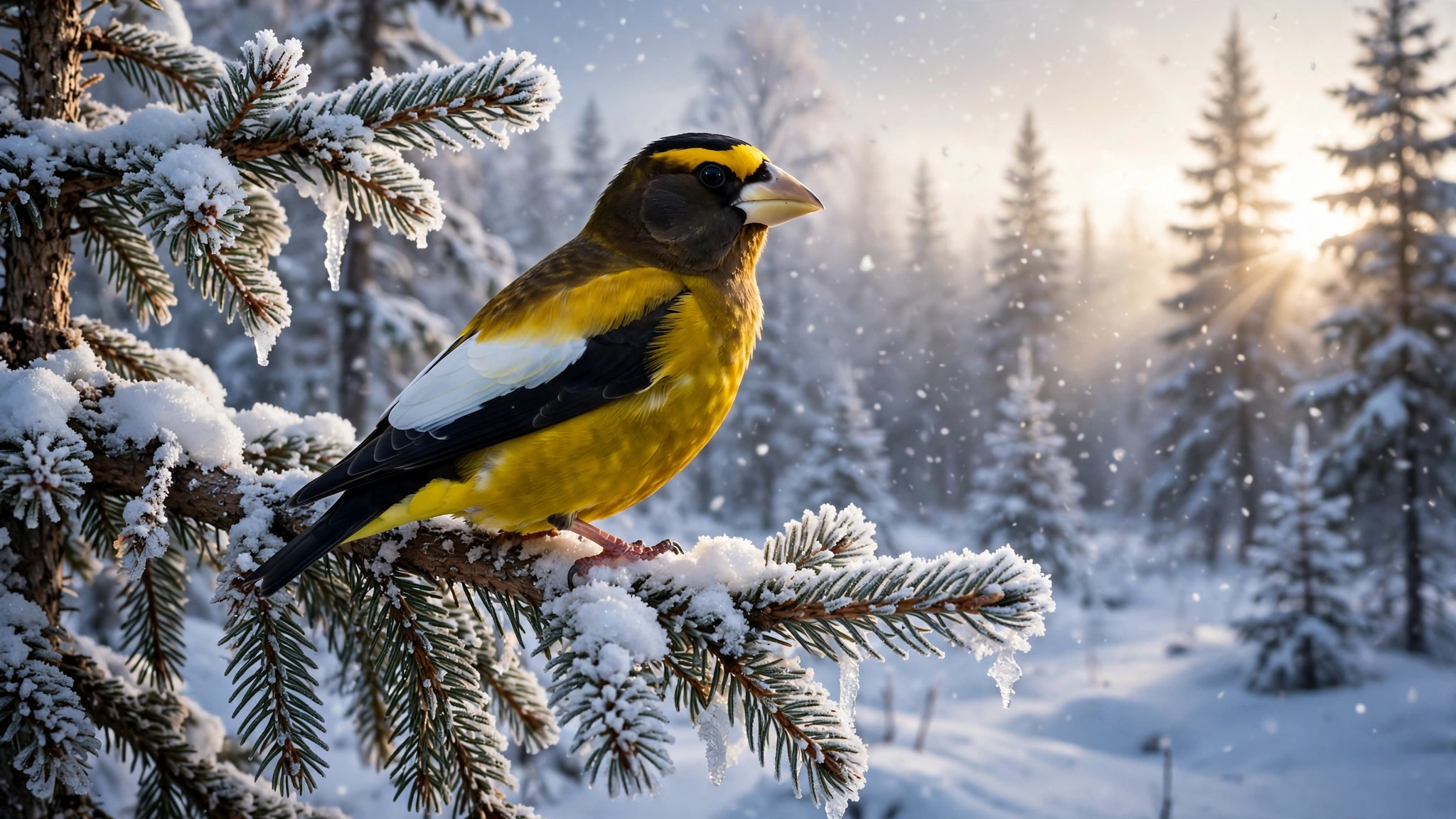 Male Evening Grosbeak with golden-yellow body, black head and yellow eyebrow stripe perched on a snowy spruce branch