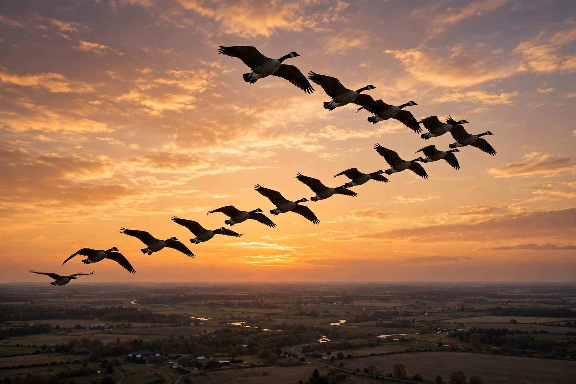 Canada geese flying in V-formation at sunset, answering why do geese honk to stay in contact