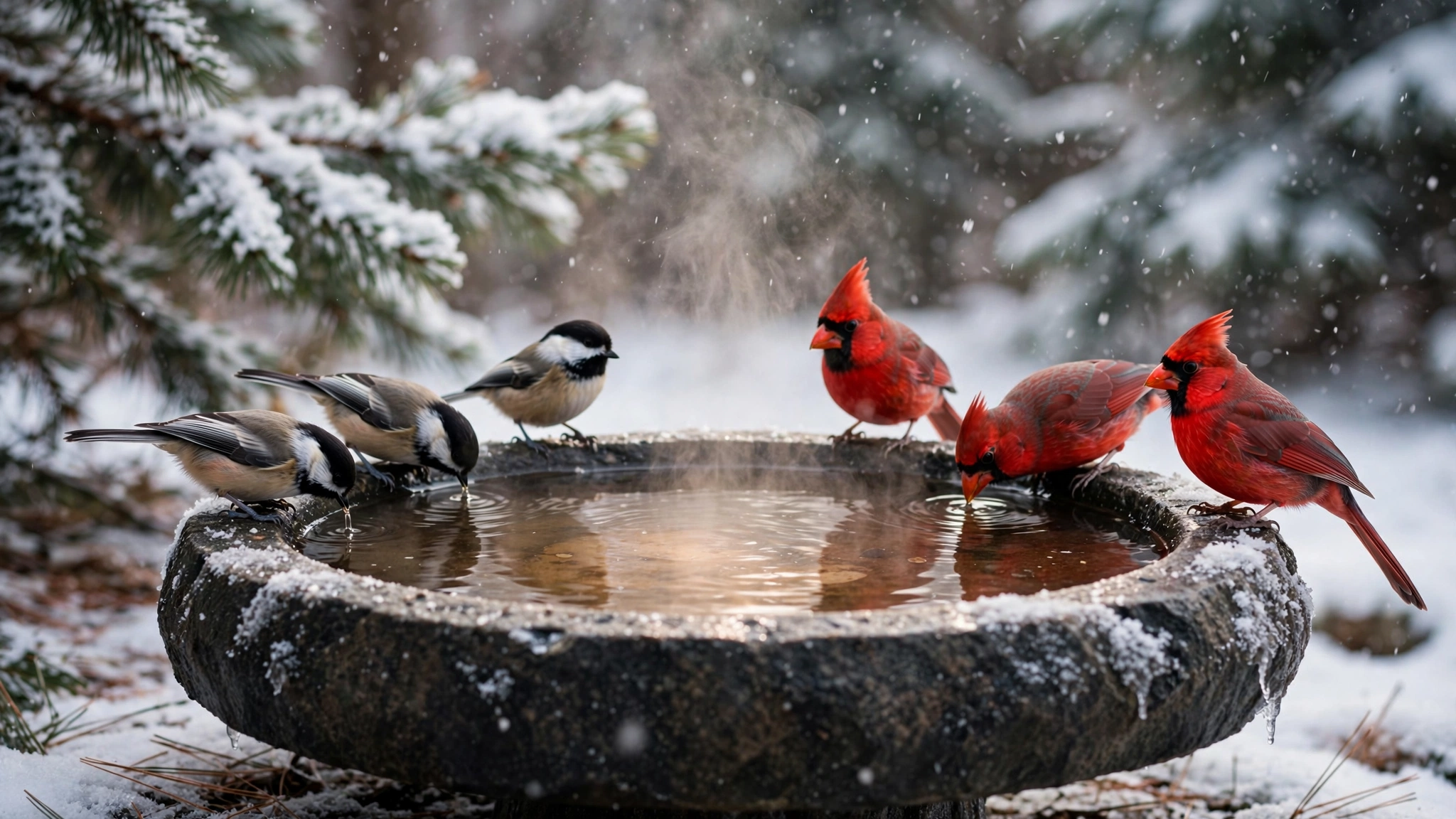 Chickadees and cardinals drinking from a heated bird bath in falling snow
