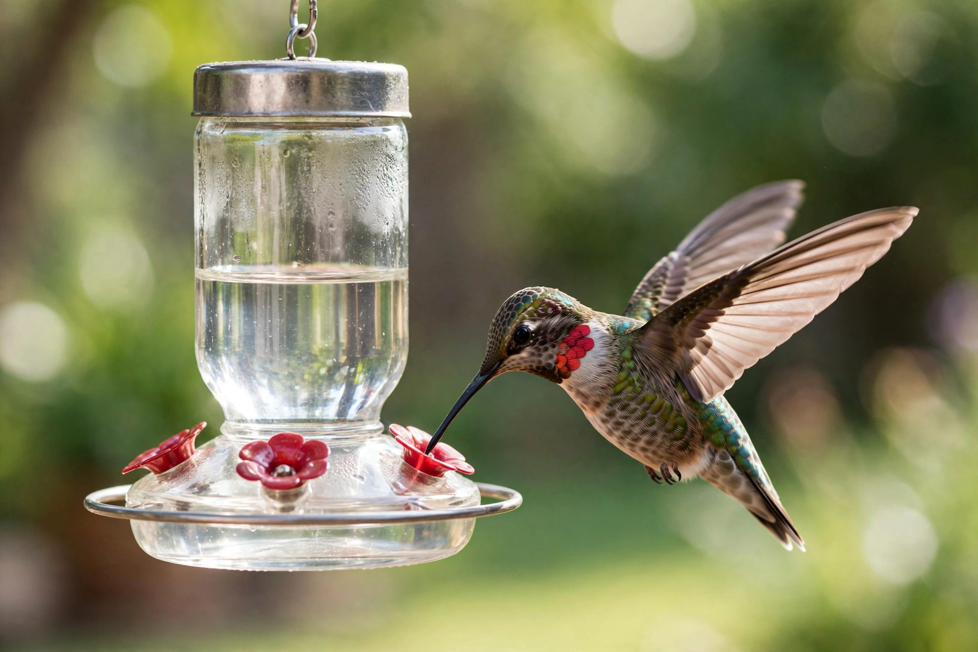 Ruby-throated hummingbird drinking clear homemade nectar from a glass feeder