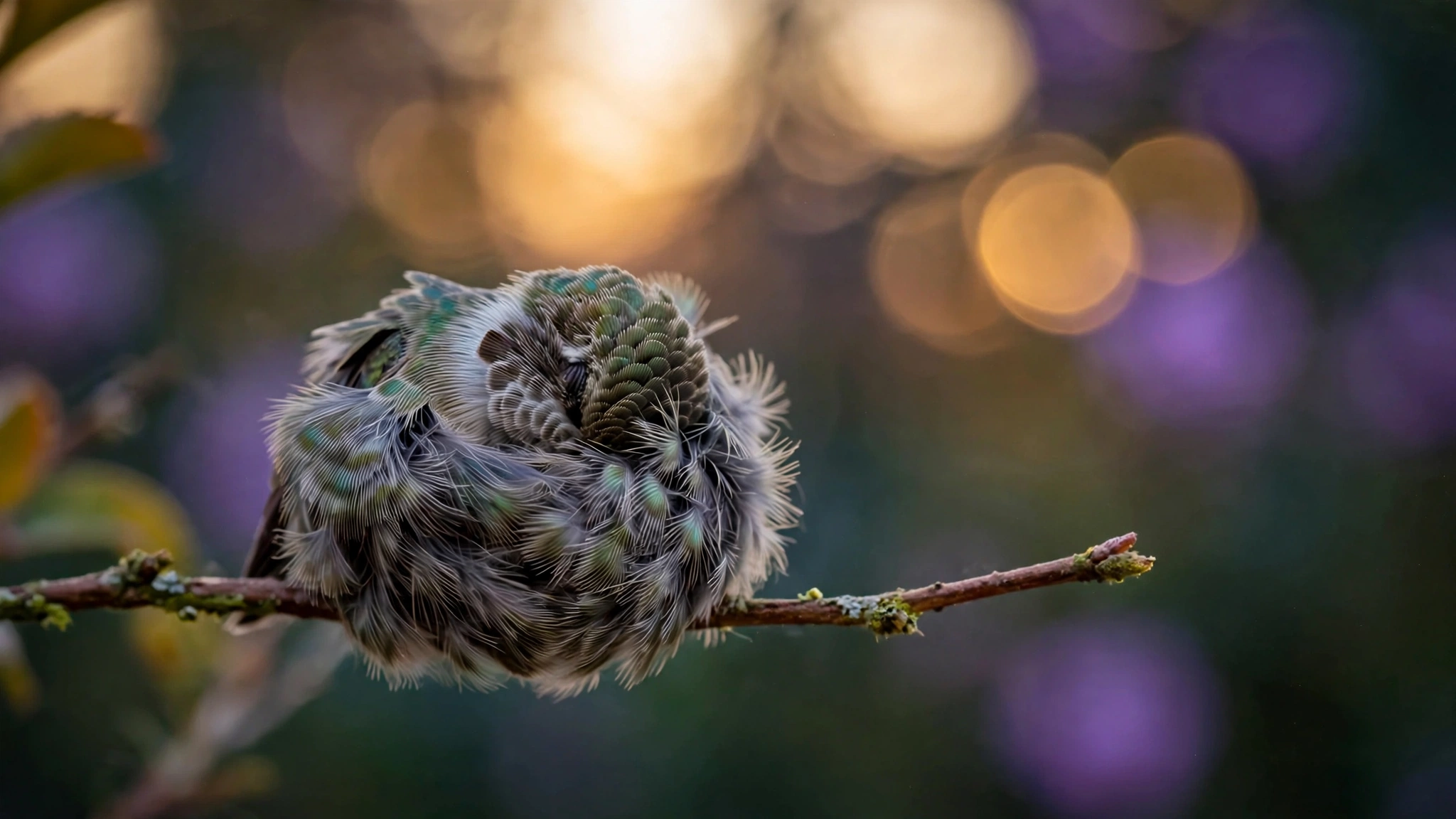 Ruby-throated hummingbird perched asleep on a branch at dusk, answering do hummingbirds sleep with nightly torpor