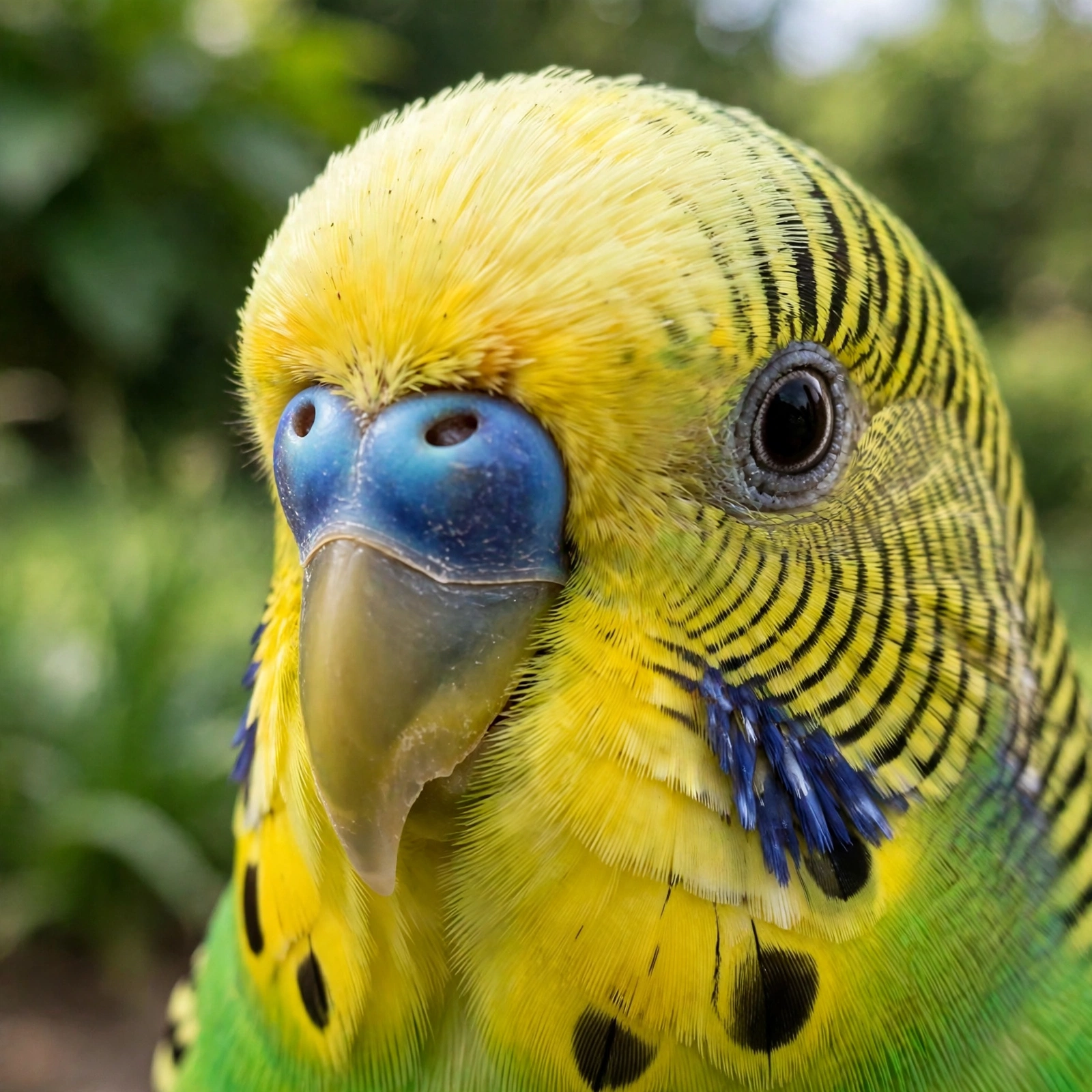 Close-up of an adult male budgie's face showing the smooth blue cere above the beak