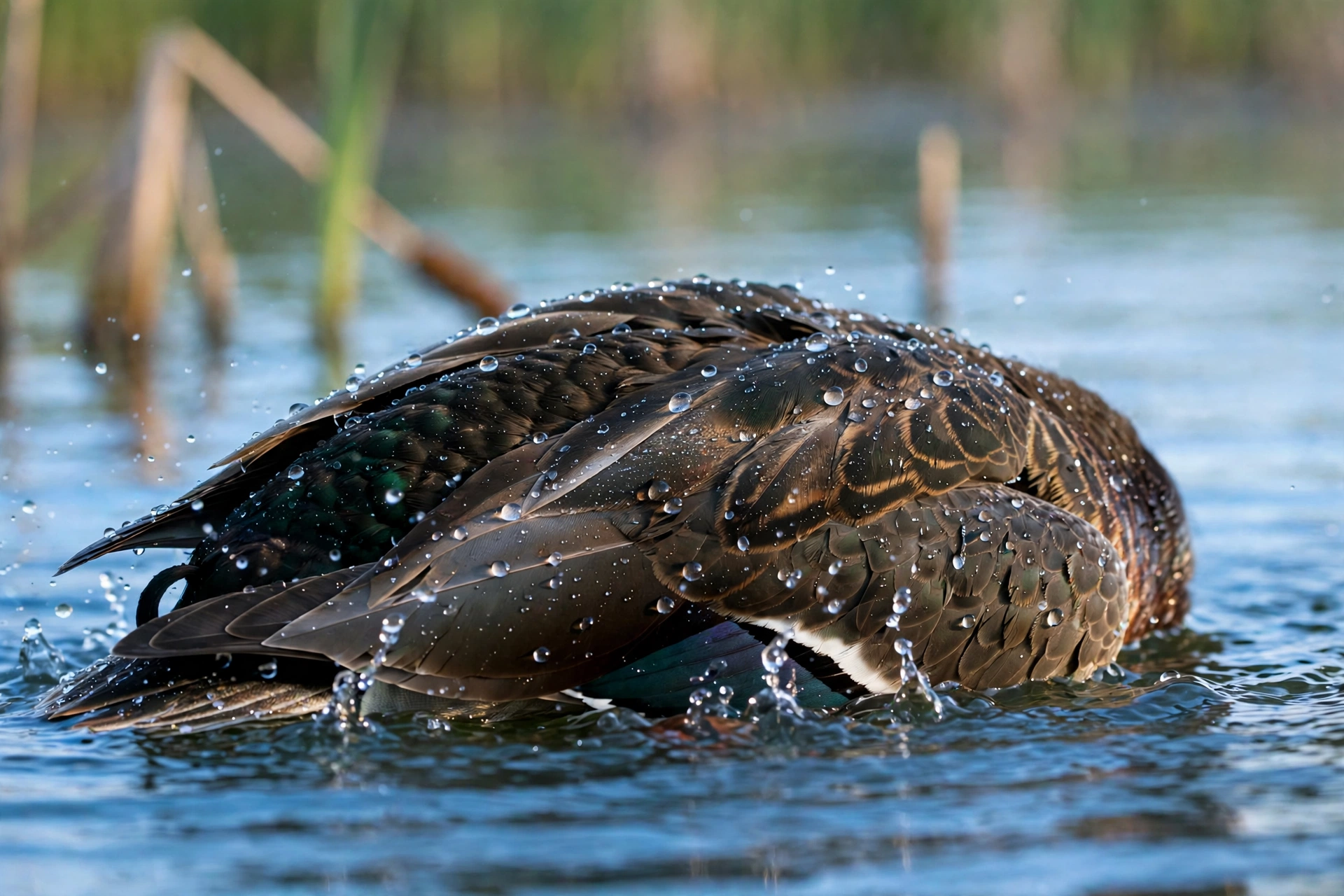 Mallard duck with water beading on its back feathers, showing how do ducks stay dry with waterproof plumage