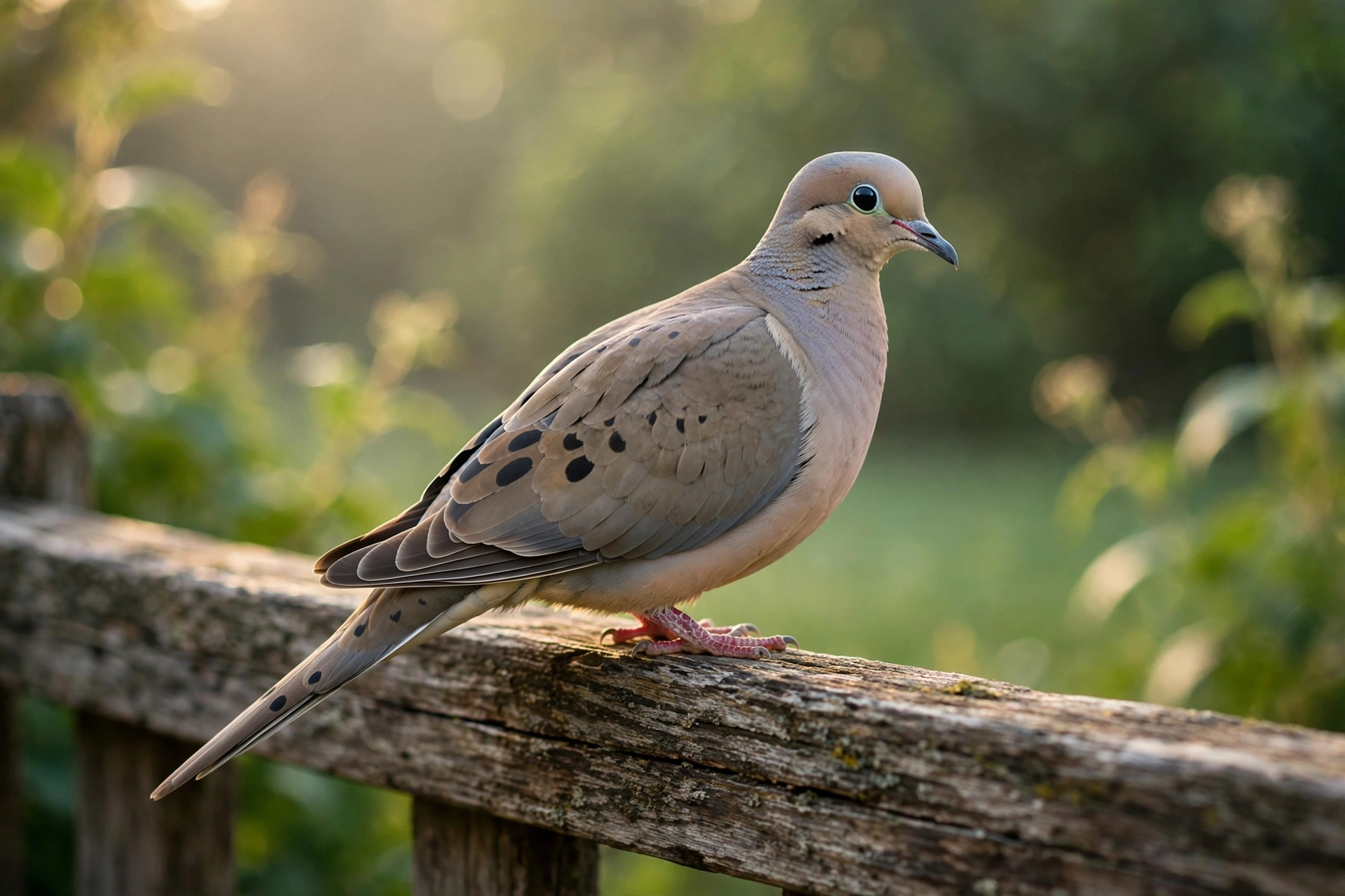 Mourning dove perched on a fence showing its slender body and long pointed tail